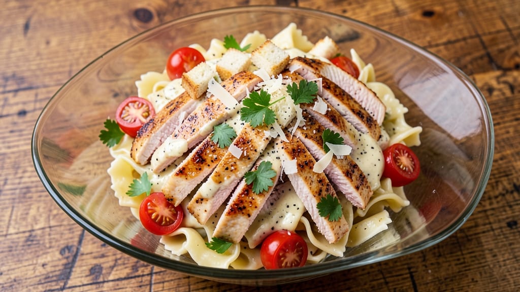 Chicken Caesar Bowtie Pasta Salad Recipe: Crispy Croutons and Creamy Parmesan Twist