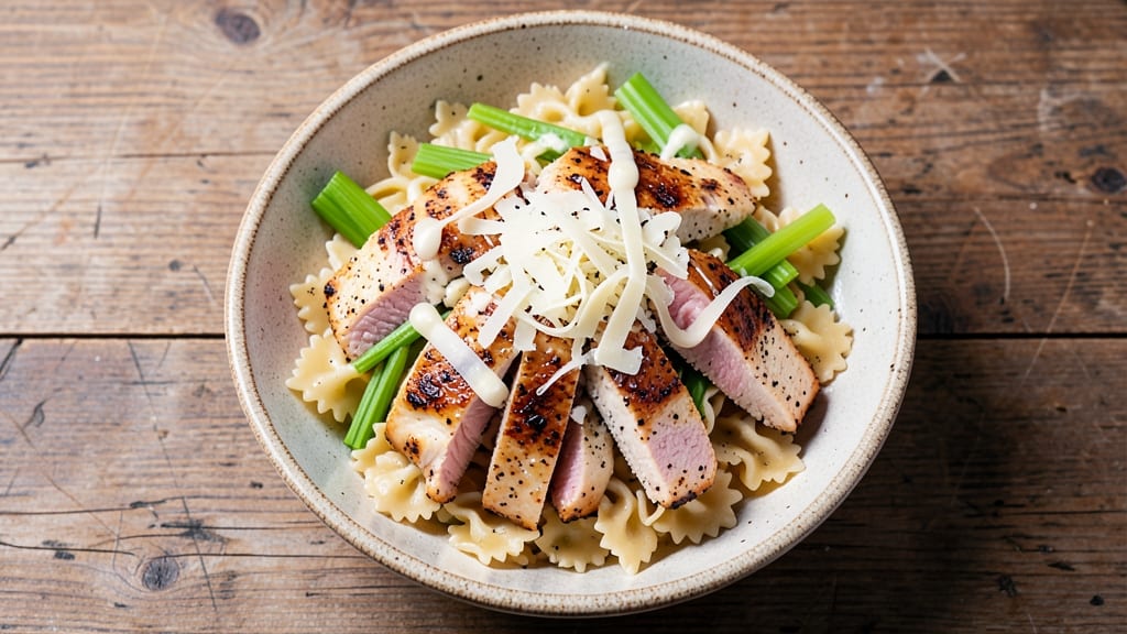 Chicken Caesar Salad Pasta Salad Recipe: Crispy Celery Crowns and Creamy Parmesan Twist
