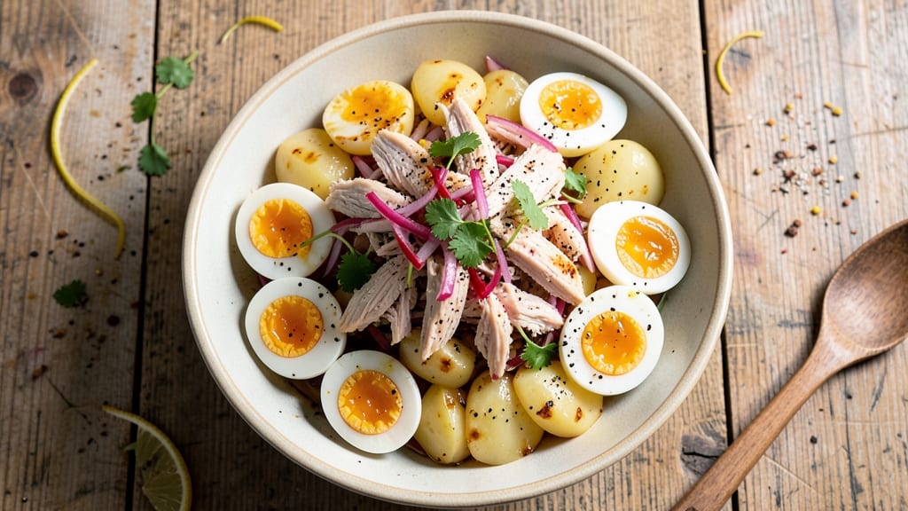 Chicken Potato Salad Recipe Pinoy Style: Silky Egg Yolk Dressing and Crispy Garlic Croutons