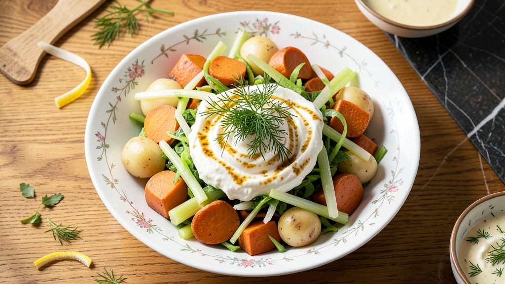 White and Sweet Potato Salad Recipe: Celery Crown Crunch Meets Vanilla Bean Cream Cheese