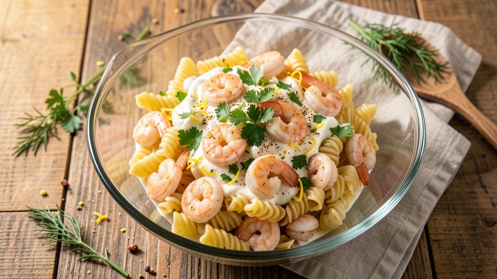 Cold Shrimp Macaroni Salad Recipe: Briny Shrimp and Herb Cheese Crunch in 20 Minutes