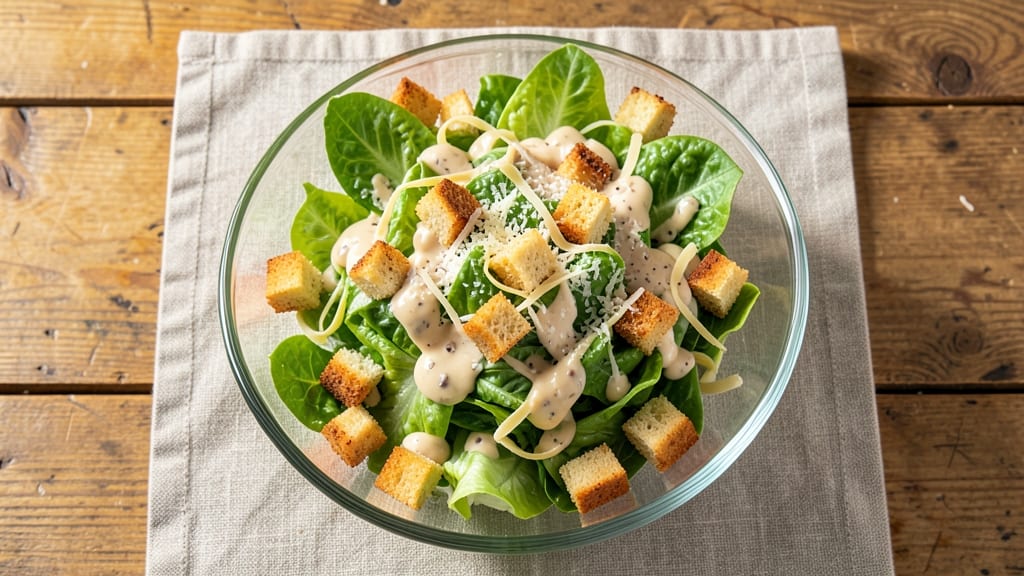 Classic Caesar Salad Recipe Ingredients for 4 Servings: Crispy Croutons and Parmesan Shavings Magic