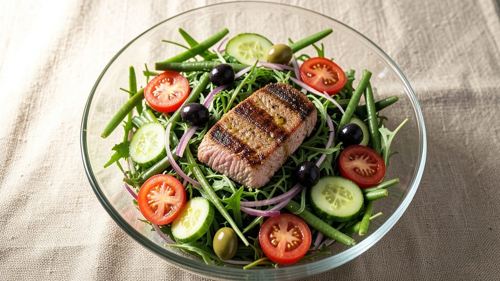 Classic Tuna Nicoise Salad Recipe: Crispy Eggs and Olives Over Fresh Greens