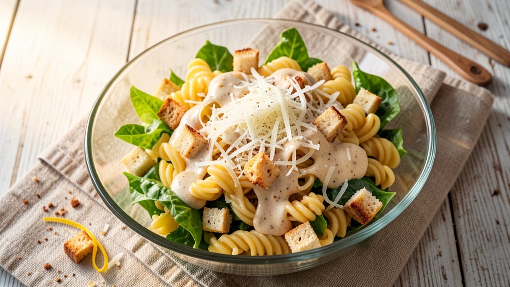 Cesar Pasta Salad Recipe: Crispy Croutons and Creamy Parmesan Twist