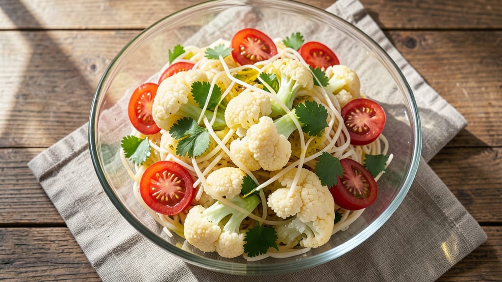 Cauliflower Tomato Salad Recipe: Bright Herbs and Crunchy Rice Noodle Twist
