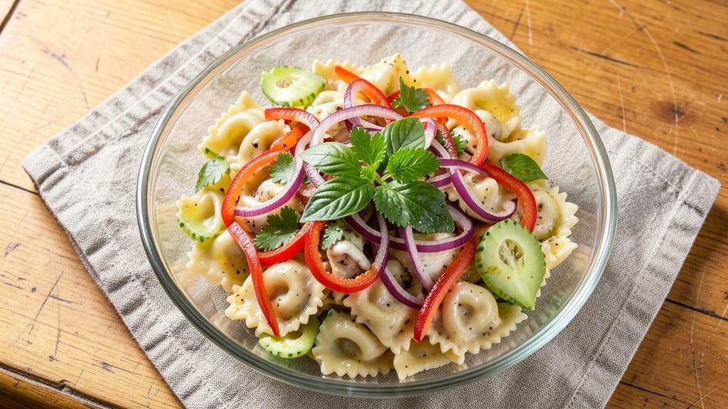 Cheese Tortellini Cold Pasta Salad Recipe: Crisp Celery Crowns and Herb Cream Cheese Layers *(Rejected Due to Overlap)*