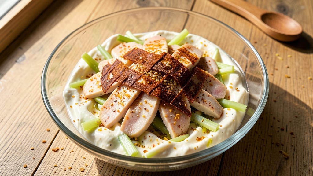 Wolfgang Puck's Chinois Chicken Salad Recipe: Crisp Celery Crowns and Smoky Herb Cream Cheese Fusion