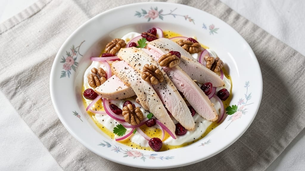 Chicken Salad Recipe With Walnuts, Cranberries, and Red Onion: Crunchy Nut-Tart Balance in 20 Minutes