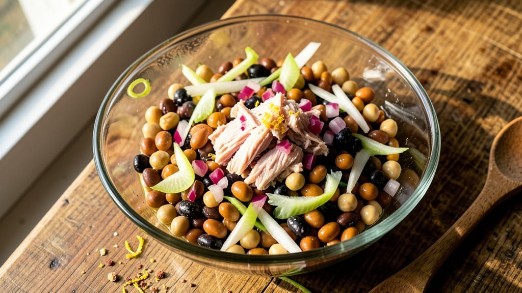 Tuna and 3 Bean Salad Recipe: Crunchy Celery Crowns and Light Herb Vinaigrette